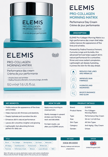 Elemis Pro-Collagen Morning Matrix Cream Day 1.6 o z/ 50 ml Expirtn 05/2028 Box