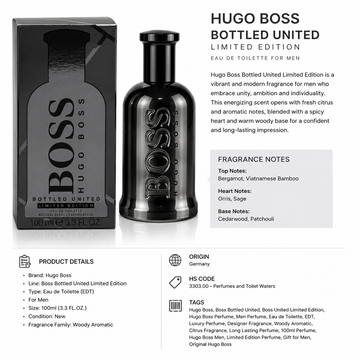 HUGO BOSS BOSS BOTTLED UNITED EAU DE PARFUM SPRAY 100 ML/3.3 FL.OZ. NIB LTD EDI